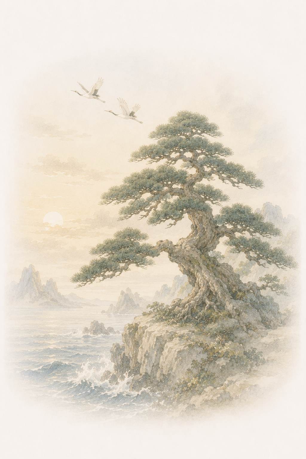 老松 海辺の老松と鶴